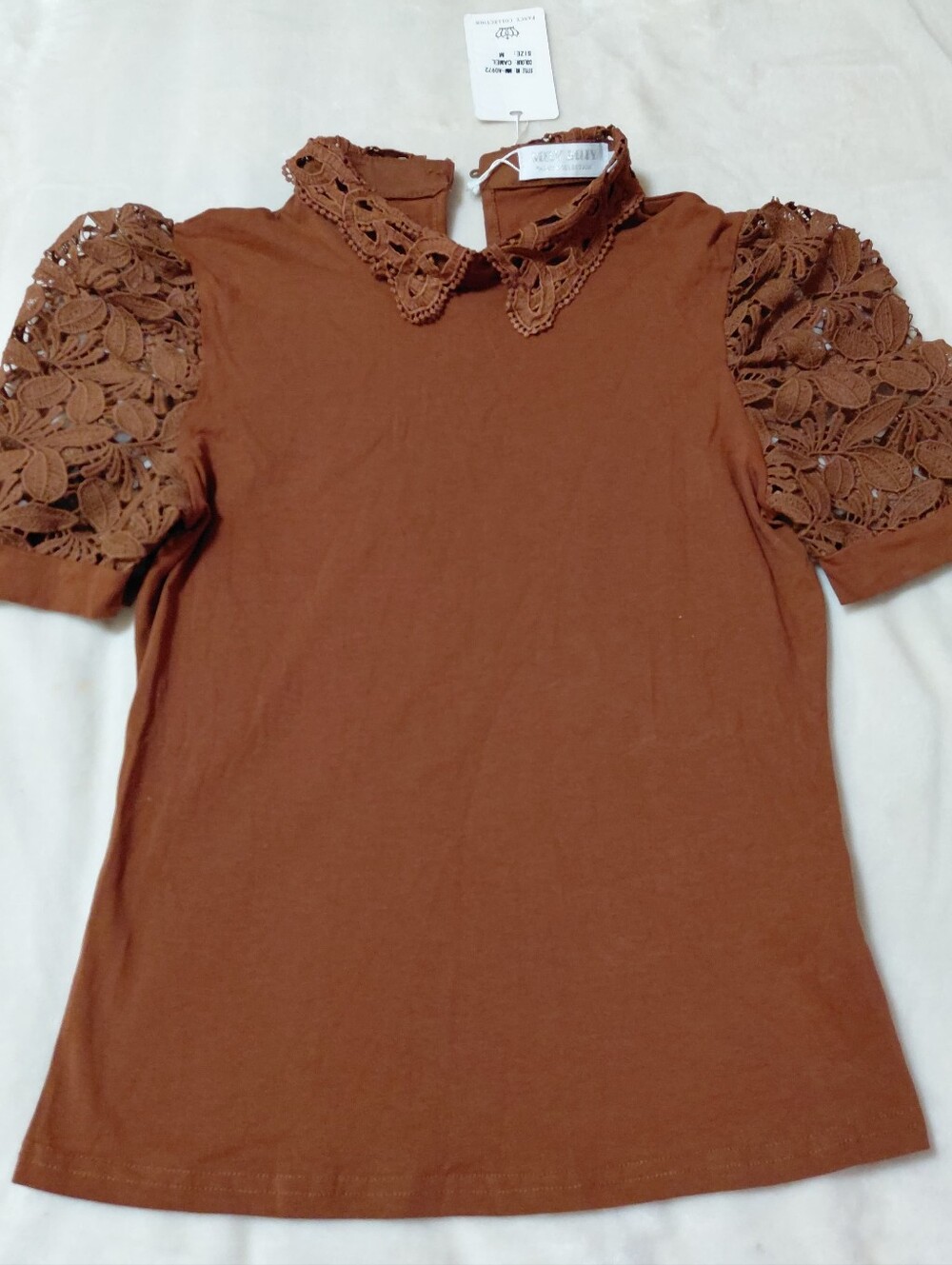 MUY MUY Fancy Collection Brown Lace Puff Sleeve Mock Neck Top Size M